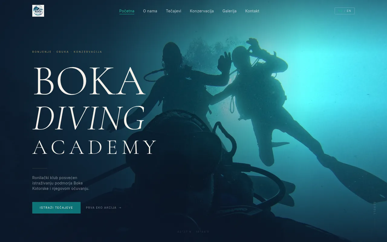 Boka Diving Academy homepage — the academy name over an underwater diving photo, with bilingual navigation.