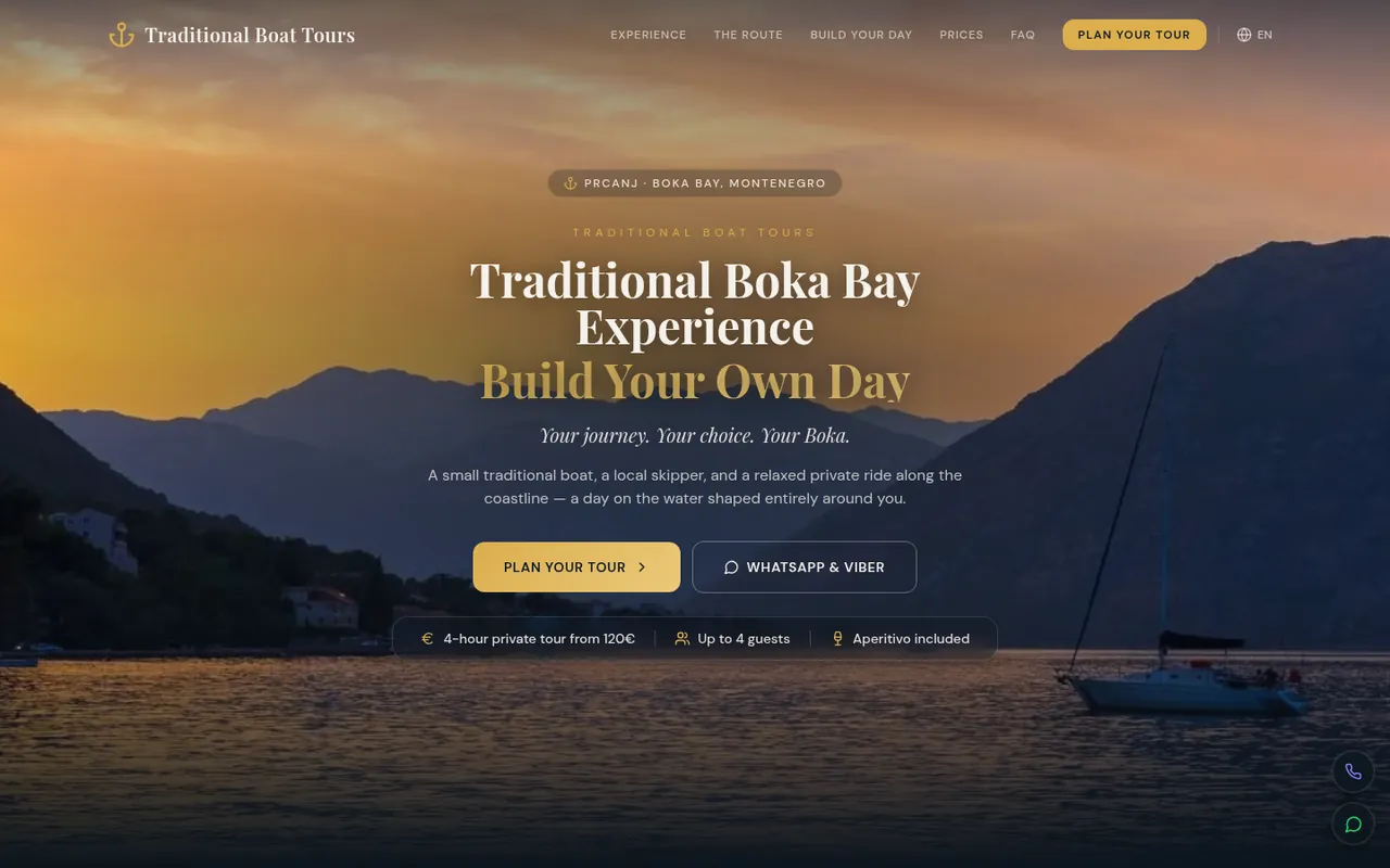 Kotor Bay Whispers homepage — the “Build Your Own Day” boat-tour hero over a Boka Bay sunset.