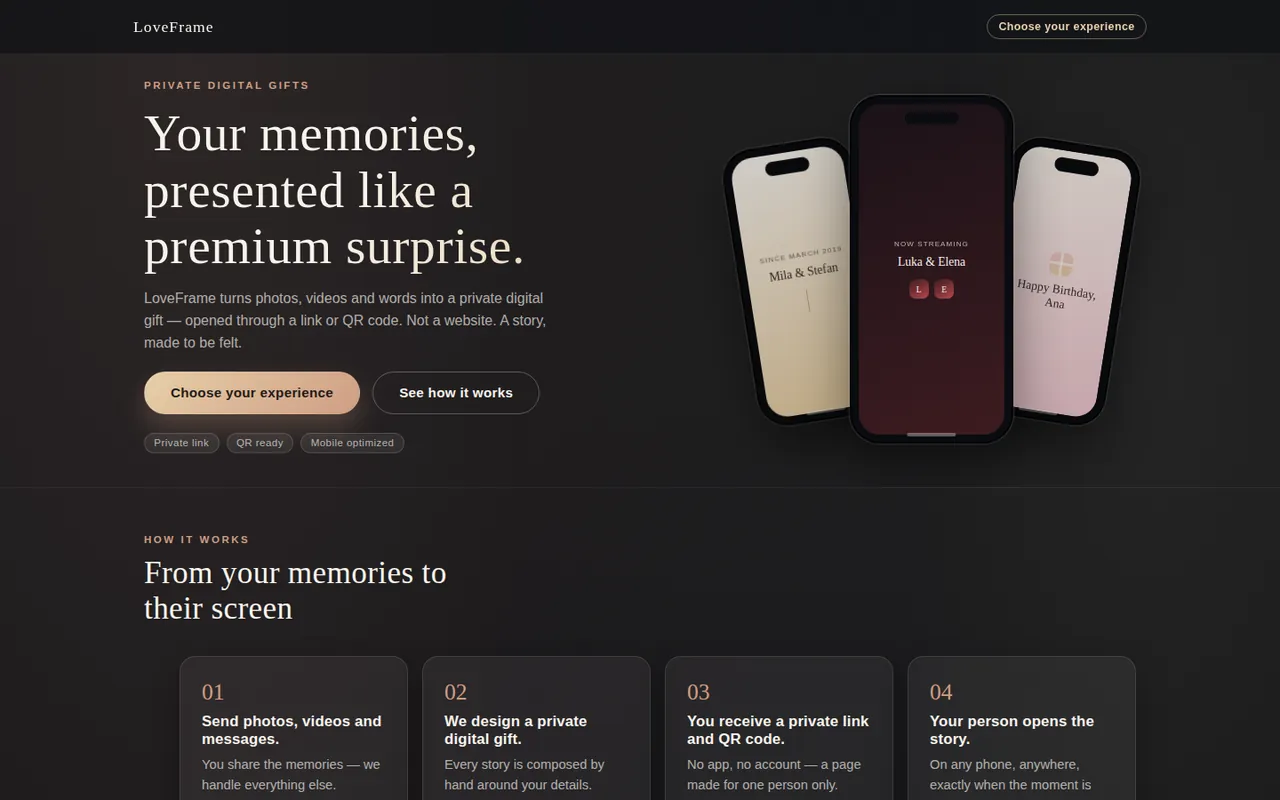 LoveFrame homepage — the product presentation with example phone previews of a personalized digital gift.